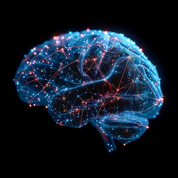 A futuristic bionic human brain with wireframe and digital data flowing, adapting new AI technology concept
