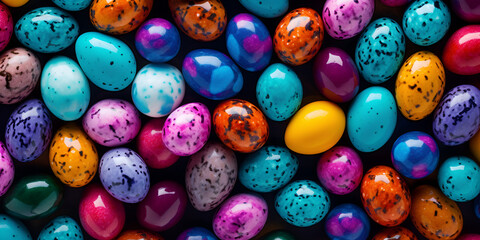 A large pile of colorful eggs with the word easter on the top