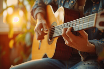 Close up of hands of musician played the guitar in sunlit room, Good lifestyle with music and relax with friends, family club