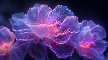 Obraz premium Closeup of a purple carnation flower with semi transparent petals, fantasy flower on black background 