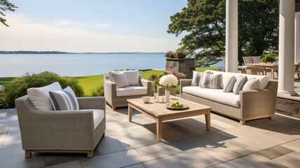 Obraz premium Luxurious outdoor living space with lake view and stylish furniture