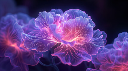 Obraz premium Closeup of a purple carnation flower with semi transparent petals, fantasy flower on black background 