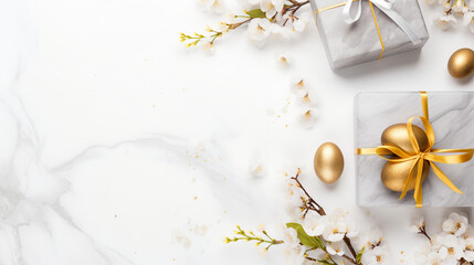 Easter Gift Layout with Golden and Marble Eggs, Cherry Blossoms, and Confetti on White Background