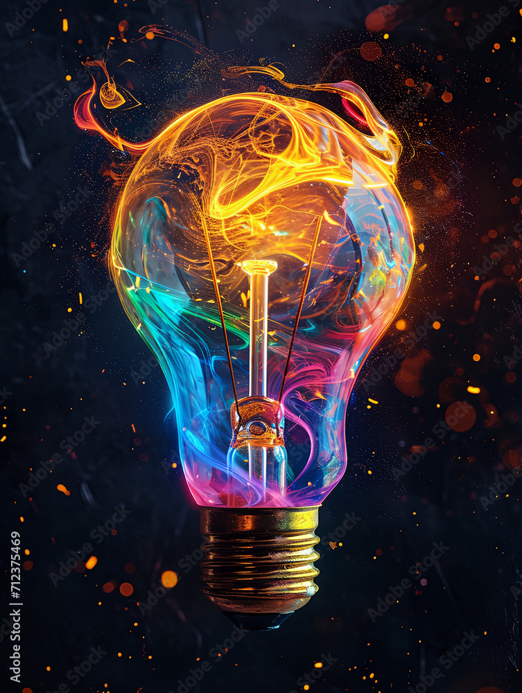 Poster a light bulb with vivid rainbow color pulse energy surround. smooth colorful smoke liquid splash and