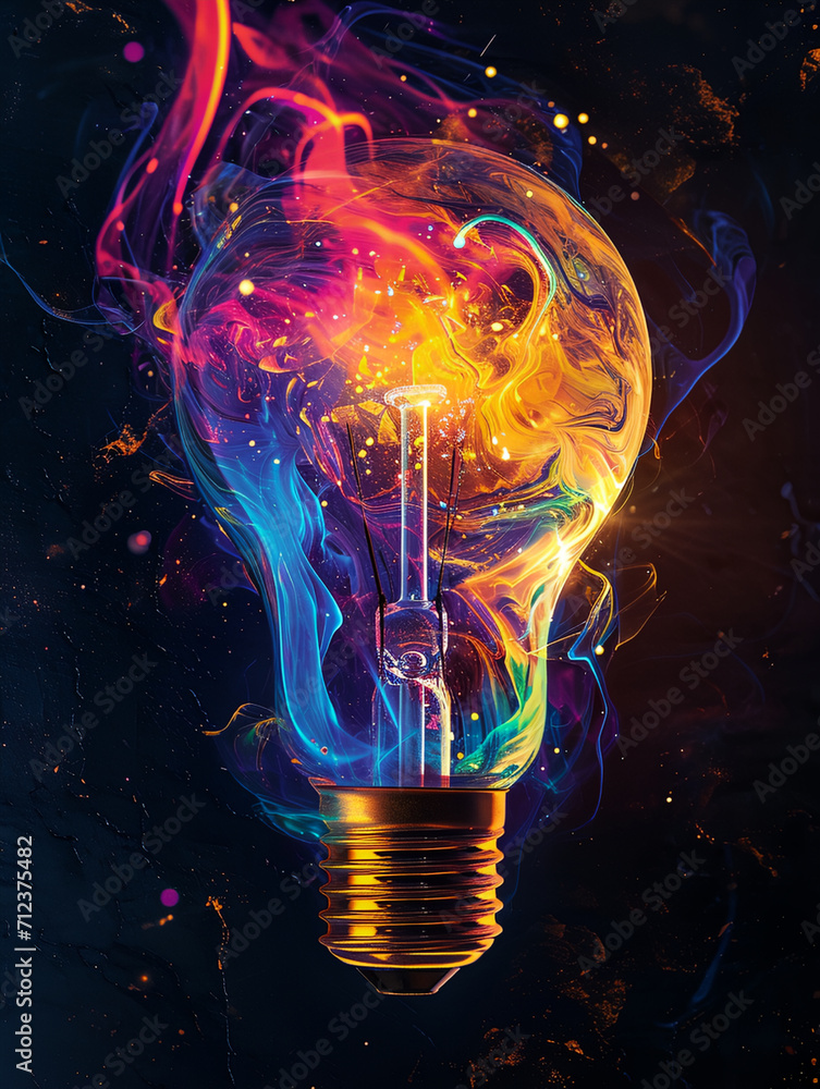Poster a light bulb with vivid rainbow color pulse energy surround. smooth colorful smoke liquid splash and