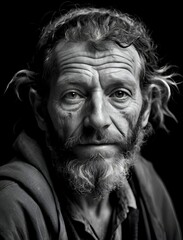 A poor old man in a black and white background