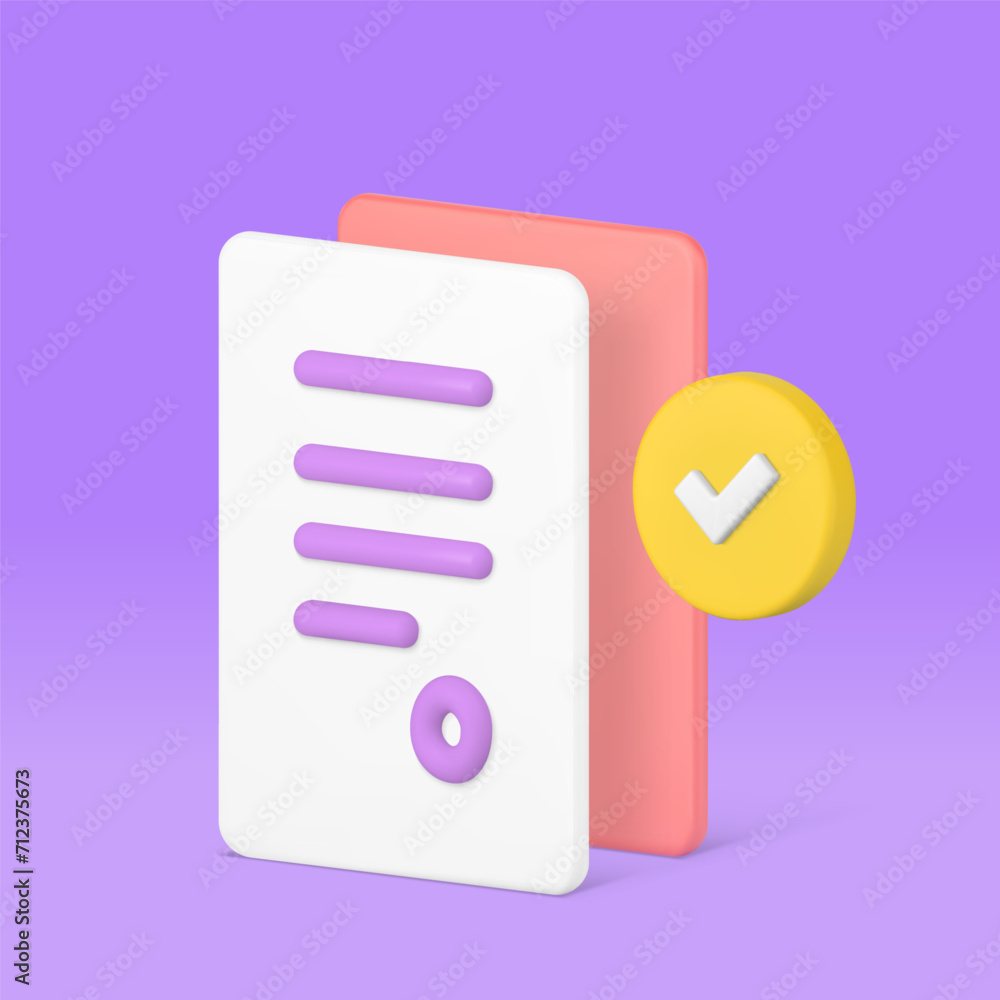 Poster contract agreement document confirmation paper sheet with done checkmark 3d icon realistic vector