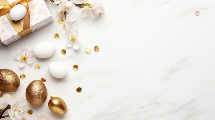 Easter Gift Layout with Golden and Marble Eggs, Cherry Blossoms, and Confetti on White Background