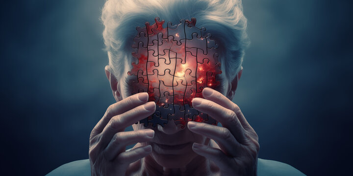 an elderly woman holds her head.  the concept of age-related diseases