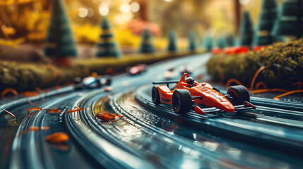 Remote control car race on track with blurred background - obrazy, fototapety, plakaty