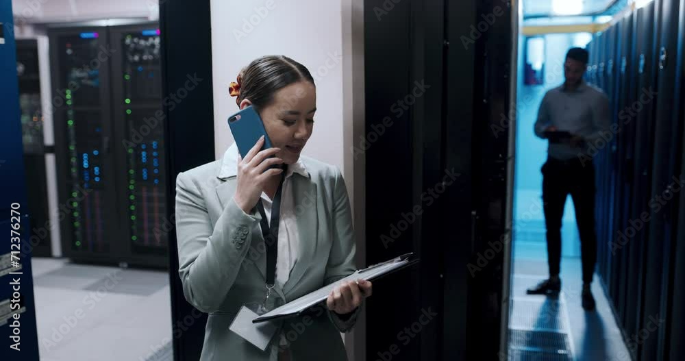 Poster woman, phone call and server room of inspection update, hardware maintenance or cybersecurity backup