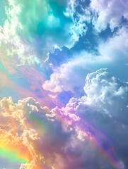 Fototapeta na wymiar Assorted intensely iridescent light rainbow-chromed clouds. Vertical background. High quality