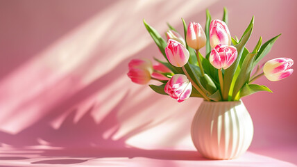 Bouquet of fresh white and pink tulips in vase on pastel color background. Still life with beautiful spring flowers, banner with copy space