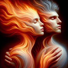 Fototapeta na wymiar Twin flame couple. Soulmates. The concept of magical, esoteric, tantric, spiritual love. Connection between souls. Illustration for websites and much more. Created using generative ai tools.