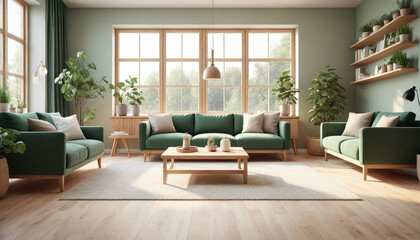 Scandinavian-style living room, large windows, abundant natural light, muted colors, wooden accents, cozy textures, minimalist aesthetic, functional furniture, green indoor plants, soft lighting, open