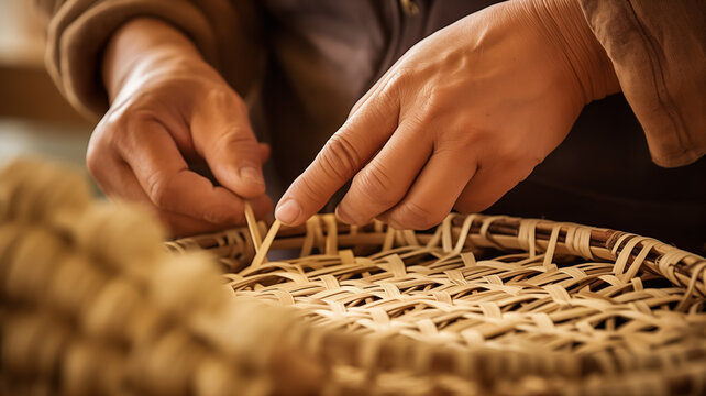 Artisan hands meticulously weaving a wicker basket