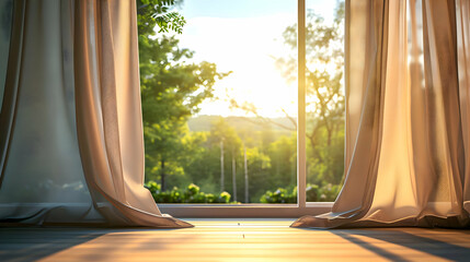 Brown curtains on the window with a pacifying green landscape. Sunny day in the room. High quality - obrazy, fototapety, plakaty