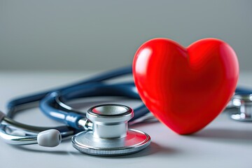 Stethoscope on wooden table symbolizing health and medicine care concept in hospital cardiology diagnosis with red heart shape equipment for treatment examination love and healthcare in clinical