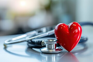 Stethoscope on wooden table symbolizing health and medicine care concept in hospital cardiology diagnosis with red heart shape equipment for treatment examination love and healthcare in clinical