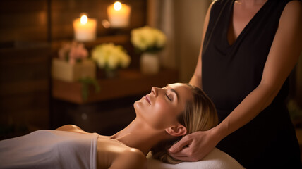 Obraz na płótnie Canvas Serene woman receiving a relaxing head massage at a tranquil spa