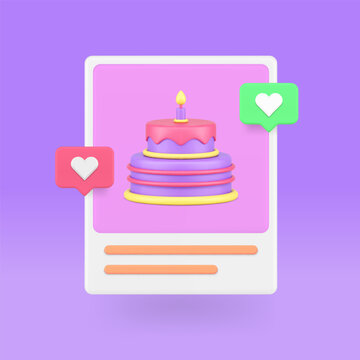 Birthday cake photo image social media post with like bakery receipt 3d icon realistic vector
