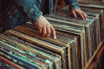 A shot of a person flipping through a collection of vinyl records, showcasing the music and cultural influences of the era.