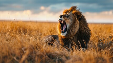 Fototapeta premium A lion roaring in the savannah, evening light. Created with Generative Ai technology.