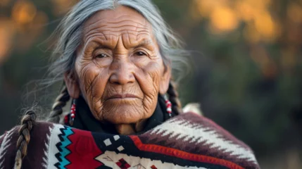 Poster Portrait of American Indian elderly woman in traditional costume. © Vika art