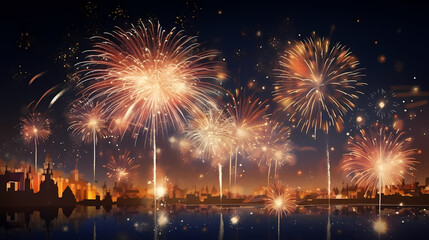 Happy New Year, burning fireworks with bokeh light background