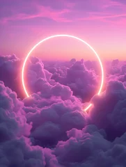 Poster Vertical background of simple puffy deep purple and pink clouds with a neon circle in the center. High-resolution  © fillmana