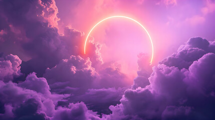 Horizontal background of simple puffy deep purple and pink clouds with a neon circle in the center. High-resolution 