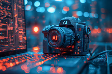 AI digital camera placed on the laptop with data on the screen, and visual effect lights, futuristic photography - Powered by Adobe