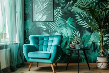 Chair and turquoise sofa in green living room interior with leaves wallpaper and table. Real photo