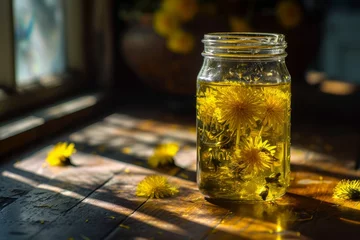 Fotobehang dandelion jam in a glass jar, the bright yellow color and fine texture contrast with the clear glass surface of the jar, alternative medicine  © Anastasiia