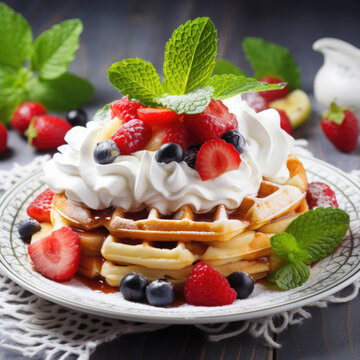waffles with fresh berries and cream, dessert decorated with strawberries and a sprig of mint