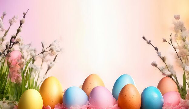 Easter eggs pastel colored and spring flowers on light background.Banner for design with copy space. Generative AI
