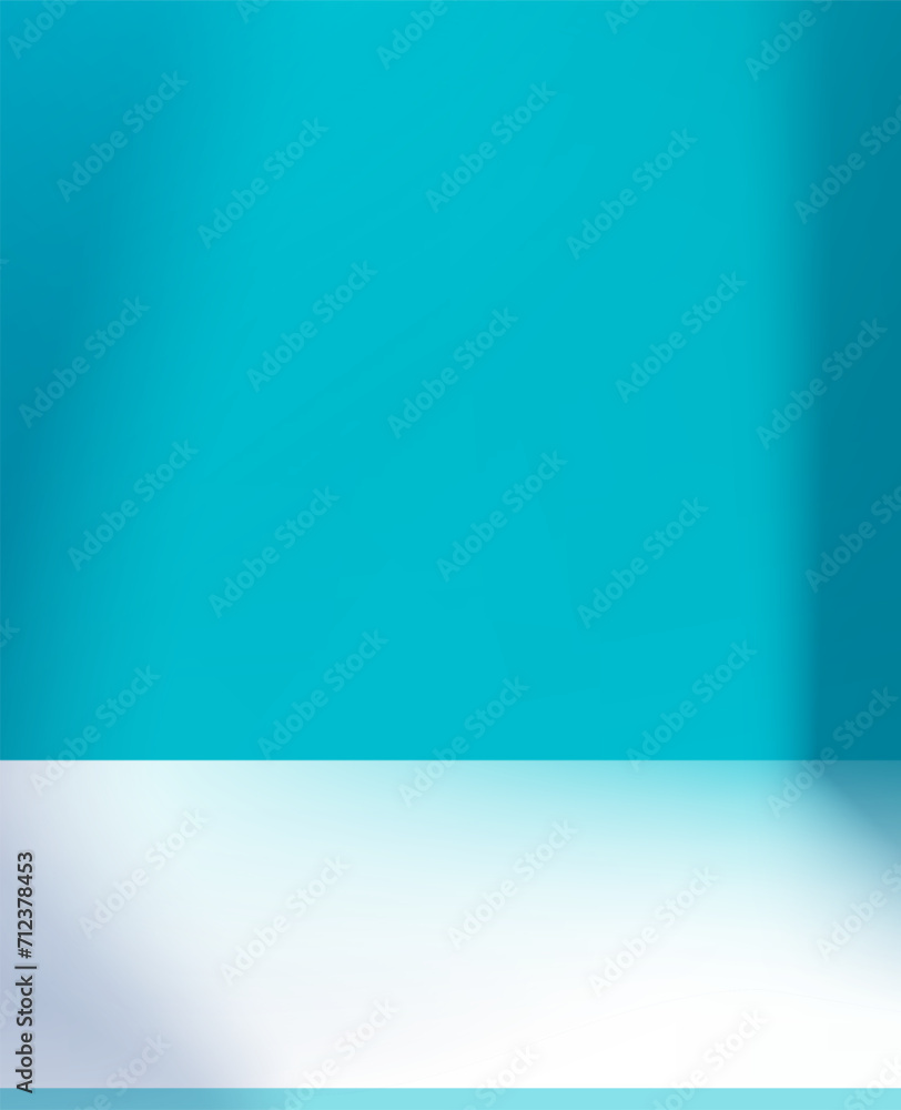 Poster blue aqua background,studio room with light,shadow on wall.3d empty gallery room with copy space,vec