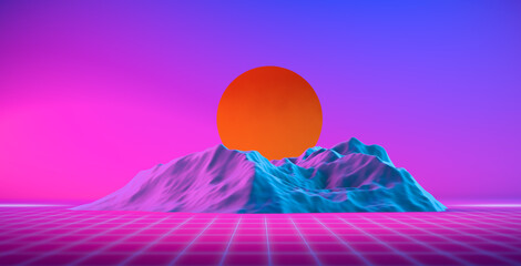 3D Rendering, Abstract cyber landscape design, futuristic and retro landscape neon mountain and sun, 80's style concept for background.