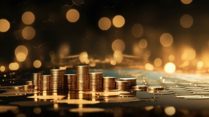 Golden coins stacked in increasing columns on a reflective surface with warm bokeh lighting effect. Concept of financial growth and success, financial decisions, savings, or smart investments