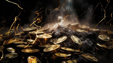 An intense and dramatic depiction of a financial storm with money on fire caught in a tempest of lightning, symbolizing economic turmoil, financial crisis, economic recession market instability - obrazy, fototapety, plakaty