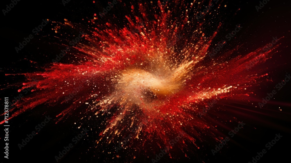 Poster an explosive burst of vibrant red and yellow powders captured in mid-air, creating an intense and dy