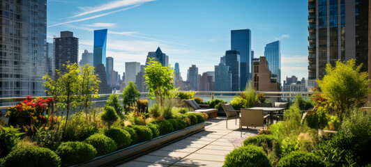 Obraz premium Urban oasis rooftop garden amidst city skyscrapers