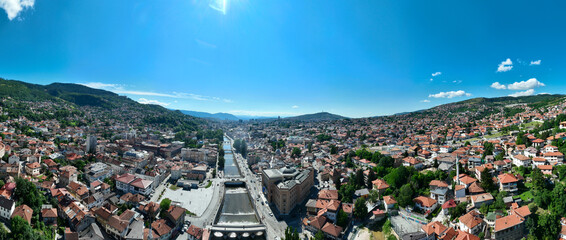 National library of Sarajevo, aerial drone view of the historical old town hall