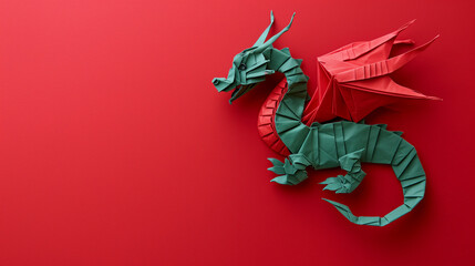 Green origami chinese dragon with red wings on a red background in the style of minimalism