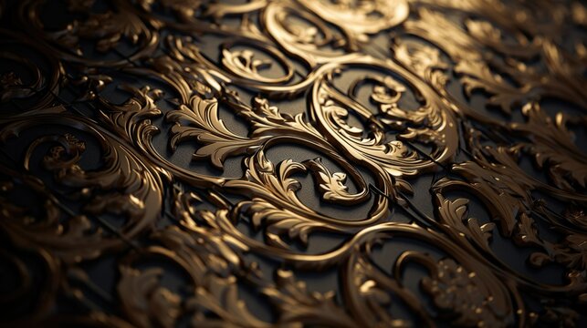 Close-up of an ornate golden baroque pattern with intricate details and shadows on a dark background, showcasing luxurious design.