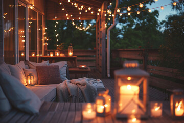 cozy outdoor terrace with outdoor string lights. Evening on the patio terrace of a beautiful house with lanterns