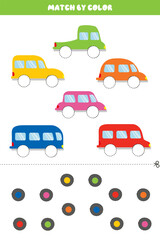 Educational children's game. Match by color. Find pairs of cars and wheels. We study colors, transport theme. Educational cards for children