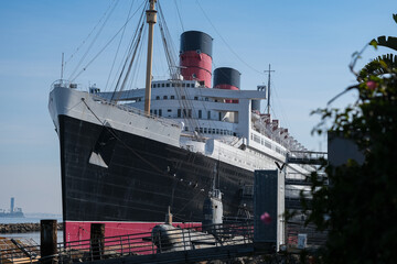 Historic ocean liner cruiseship cruise ship in port of Long Beach, California USA	