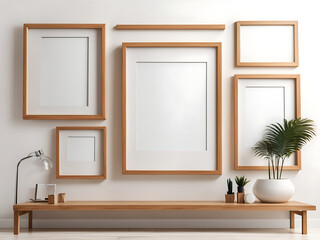 Realistic A3, A4-size blank woo picture frames that are rectangular and square in shape hang on a white wall from the front. An empty wood frame with shiny glass is an example. Mockup design template.