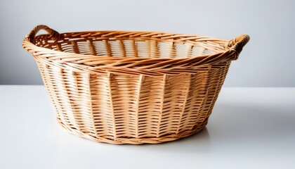 Empty wooden basket on a table on white background - creative illustration - generative AI